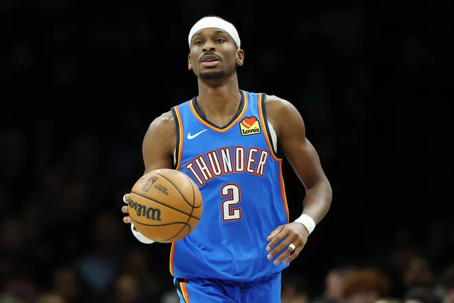 NEW YORK, NEW YORK - MARCH 18: Shai Gilgeous-Alexander #2 of the Oklahoma City Thunder dribbles during the first half against the Brooklyn Nets at Barclays Center on March 18, 2026 in the Brooklyn borough of New York City. NOTE TO USER: User expressly acknowledges and agrees that, by downloading and or using this photograph, User is consenting to the terms and conditions of the Getty Images License Agreement. (Photo by Sarah Stier/Getty Images)