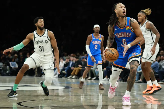 NEW YORK, NEW YORK - MARCH 18: Jaylin Williams #6 of the Oklahoma City Thunder goes to the basket during the first half against the Brooklyn Nets at Barclays Center on March 18, 2026 in the Brooklyn borough of New York City. NOTE TO USER: User expressly acknowledges and agrees that, by downloading and or using this photograph, User is consenting to the terms and conditions of the Getty Images License Agreement. (Photo by Sarah Stier/Getty Images)