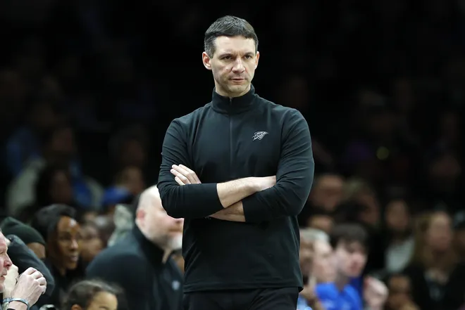 NEW YORK, NEW YORK - MARCH 18: Head coach Mark Daigneault of the Oklahoma City Thunder reacts during the first half against the Brooklyn Nets at Barclays Center on March 18, 2026 in the Brooklyn borough of New York City. NOTE TO USER: User expressly acknowledges and agrees that, by downloading and or using this photograph, User is consenting to the terms and conditions of the Getty Images License Agreement. (Photo by Sarah Stier/Getty Images)