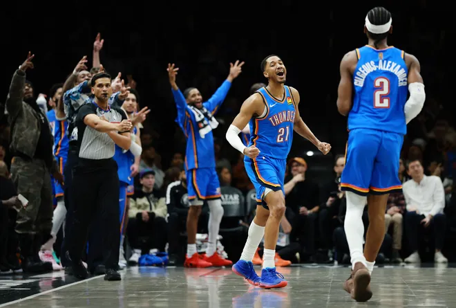 NEW YORK, NEW YORK - MARCH 18: Aaron Wiggins #21 of the Oklahoma City Thunder reacts after scoring during the second half against the Brooklyn Nets at Barclays Center on March 18, 2026 in the Brooklyn borough of New York City. The Thunder won 121-92. NOTE TO USER: User expressly acknowledges and agrees that, by downloading and or using this photograph, User is consenting to the terms and conditions of the Getty Images License Agreement. (Photo by Sarah Stier/Getty Images)