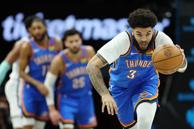 NEW YORK, NEW YORK - MARCH 18: Kenrich Williams #34 of the Oklahoma City Thunder dribbles during the first half against the Brooklyn Nets at Barclays Center on March 18, 2026 in the Brooklyn borough of New York City. NOTE TO USER: User expressly acknowledges and agrees that, by downloading and or using this photograph, User is consenting to the terms and conditions of the Getty Images License Agreement. (Photo by Sarah Stier/Getty Images)
