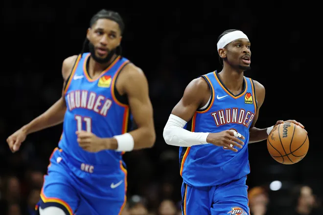 NEW YORK, NEW YORK - MARCH 18: Shai Gilgeous-Alexander #2 of the Oklahoma City Thunder dribbles during the first half against the Brooklyn Nets at Barclays Center on March 18, 2026 in the Brooklyn borough of New York City. NOTE TO USER: User expressly acknowledges and agrees that, by downloading and or using this photograph, User is consenting to the terms and conditions of the Getty Images License Agreement. (Photo by Sarah Stier/Getty Images)
