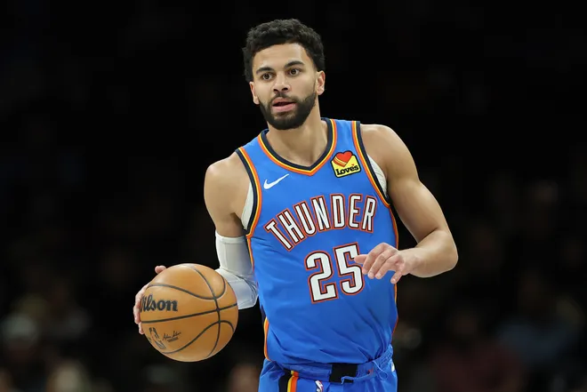 NEW YORK, NEW YORK - MARCH 18: Ajay Mitchell #25 of the Oklahoma City Thunder dribbles during the first half against the Brooklyn Nets at Barclays Center on March 18, 2026 in the Brooklyn borough of New York City. NOTE TO USER: User expressly acknowledges and agrees that, by downloading and or using this photograph, User is consenting to the terms and conditions of the Getty Images License Agreement. (Photo by Sarah Stier/Getty Images)
