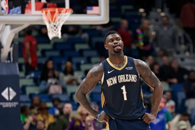 NEW ORLEANS, LOUISIANA - FEBRUARY 11: Zion Williamson #1 of the New Orleans Pelicans reacts as time runs out in his team's loss to the Miami Heat at Smoothie King Center on February 11, 2026 in New Orleans, Louisiana. NOTE TO USER: User expressly acknowledges and agrees that, by downloading and or using this photograph, User is consenting to the terms and conditions of the Getty Images License Agreement. (Photo by Michael DeMocker/Getty Images)