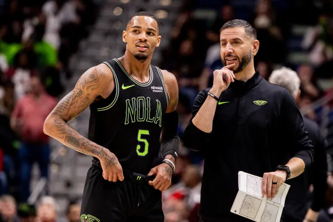 Mar 11, 2026; New Orleans, Louisiana, USA; New Orleans Pelicans guard Dejounte Murray (5) talks to New Orleans Pelicans Interim Head Coach James Borrego against the Toronto Raptors during the second half at Smoothie King Center. Mandatory Credit: Stephen Lew-Imagn Images