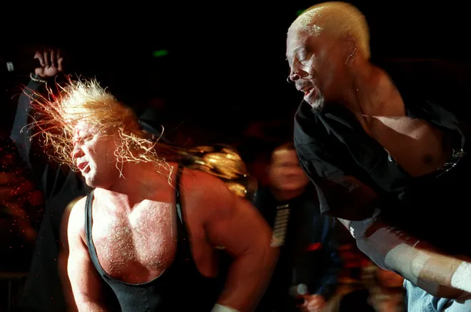 "Mr Perfect" Curt Hennig (left) versus Dennis Rodman (right) in action during a wrestling match held at the Sydney Superdome in Sydney, Australia.