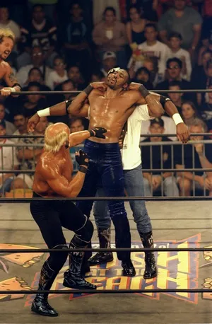 12 Jun 1998: Dennis (Rodzilla) Rodman and Hollywood Hogan (left) team up against Karl (Mailman) Malone.