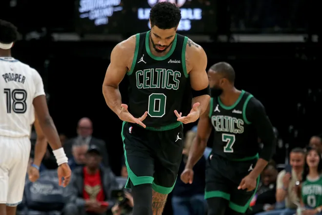 Mar 20, 2026; Memphis, Tennessee, USA; Boston Celtics forward Jayson Tatum (0) reacts after a basket during the third quarter against the Memphis Grizzlies at FedExForum. Mandatory Credit: Petre Thomas-Imagn Images