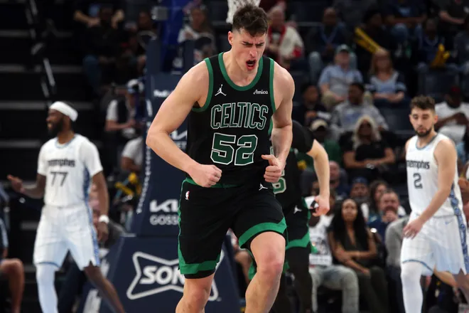 Mar 20, 2026; Memphis, Tennessee, USA; Boston Celtics center Luka Garza (52) reacts during the fourth quarter against the Memphis Grizzlies at FedExForum. Mandatory Credit: Petre Thomas-Imagn Images