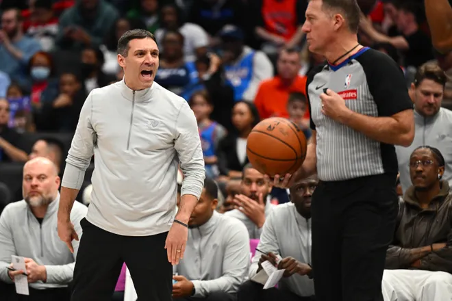 Mar 21, 2026; Washington, District of Columbia, USA; Oklahoma City Thunder Head Coach Mark Daigneault reacts against the Washington Wizards during the second half at Capital One Arena. Mandatory Credit: Brad Mills-Imagn Images