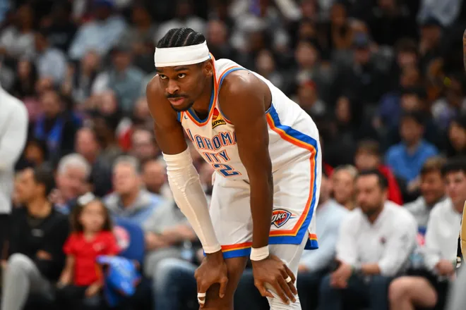 Mar 21, 2026; Washington, District of Columbia, USA; Oklahoma City Thunder guard Shai Gilgeous-Alexander (2) on the court against the Washington Wizards during the first half at Capital One Arena. Mandatory Credit: Brad Mills-Imagn Images