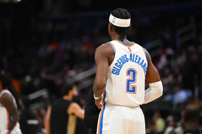 Mar 21, 2026; Washington, District of Columbia, USA; Oklahoma City Thunder guard Shai Gilgeous-Alexander (2) on the court against the Washington Wizards during the first half at Capital One Arena. Mandatory Credit: Brad Mills-Imagn Images