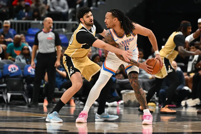 Mar 21, 2026; Washington, District of Columbia, USA; Washington Wizards forward Tristan Vukcevic (00) defends Oklahoma City Thunder forward Jaylin Williams (6) during the first half at Capital One Arena. Mandatory Credit: Brad Mills-Imagn Images