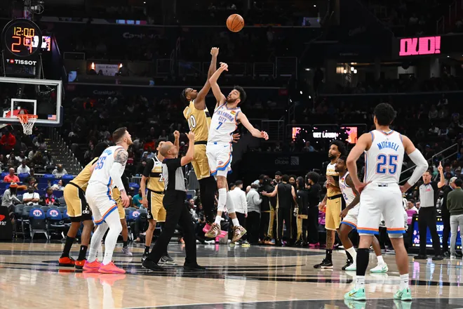 Mar 21, 2026; Washington, District of Columbia, USA; Oklahoma City Thunder center/forward Chet Holmgren (7) jumps center against Washington Wizards center Alex Sarr (20) during the first half at Capital One Arena. Mandatory Credit: Brad Mills-Imagn Images