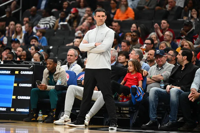 Mar 21, 2026; Washington, District of Columbia, USA; Oklahoma City Thunder Head Coach Mark Daigneault looks on against the Washington Wizards during the first half at Capital One Arena. Mandatory Credit: Brad Mills-Imagn Images