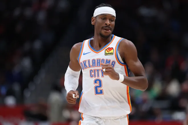 WASHINGTON, DC - MARCH 21: Shai Gilgeous-Alexander #2 of the Oklahoma City Thunder celebrates against the Washington Wizards during the second half at Capital One Arena on March 21, 2026 in Washington, DC. NOTE TO USER: User expressly acknowledges and agrees that, by downloading and or using this photograph, User is consenting to the terms and conditions of the Getty Images License Agreement. (Photo by Patrick Smith/Getty Images)