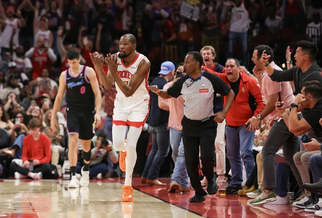 Mar 21, 2026; Houston, Texas, USA; Houston Rockets forward Kevin Durant (7) reacts after making a three point basket against Miami Heat forward Simone Fontecchio (0)(not pictured) in the second half at Toyota Center. Durant scored 27 points in the game passing Michael Jordan for fifth all time in points in the NBA. Mandatory Credit: Thomas Shea-Imagn Images