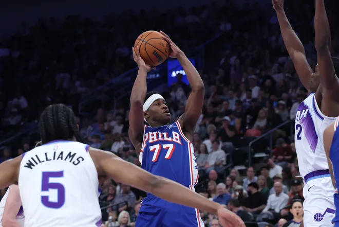 Mar 21, 2026; Salt Lake City, Utah, USA; Philadelphia 76ers guard VJ Edgecombe (77) goes up for a shot against the Utah Jazz during the first half at Delta Center. Mandatory Credit: Rob Gray-Imagn Images