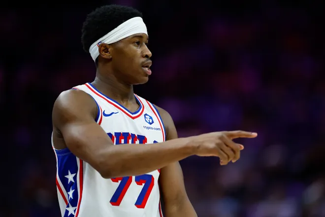 Mar 19, 2026; Sacramento, California, USA; Philadelphia 76ers guard Vj Edgecombe (77) points towards a teammate during the fourth quarter against the Sacramento Kings at Golden 1 Center. Mandatory Credit: Sergio Estrada-Imagn Images