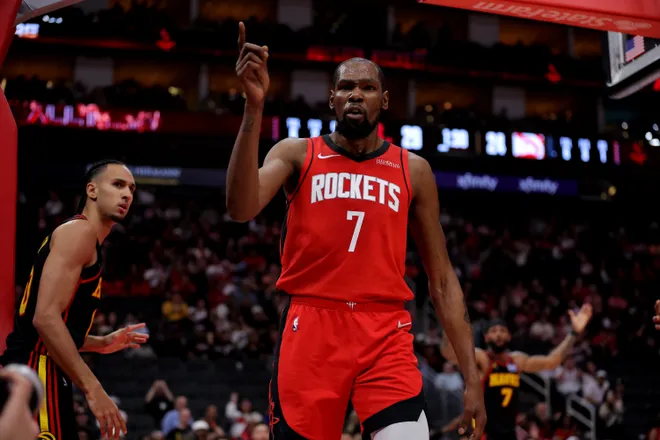 Mar 20, 2026; Houston, Texas, USA; Houston Rockets forward Kevin Durant (7) reacts after making a basket against the Atlanta Hawks during the first quarter at Toyota Center. Mandatory Credit: Erik Williams-Imagn Images