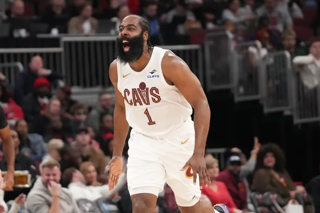 Mar 19, 2026; Chicago, Illinois, USA; Cleveland Cavaliers guard James Harden (1) reacts after making a three point basket against the Chicago Bulls during the second half at United Center. Mandatory Credit: David Banks-Imagn Images
