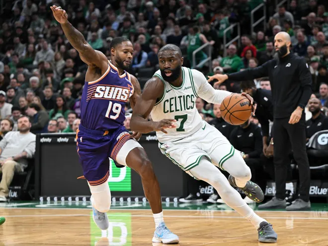 Mar 16, 2026; Boston, Massachusetts, USA; Boston Celtics guard Jaylen Brown (7) drives to the basket against the Phoenix Suns during the second half at the TD Garden. Mandatory Credit: Brian Fluharty-Imagn Images