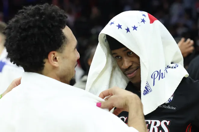Mar 23, 2026; Philadelphia, Pennsylvania, USA; Philadelphia 76ers guard Vj Edgecombe (R) and Oklahoma City Thunder guard Jared McCain (L) talk after the game at Xfinity Mobile Arena. Mandatory Credit: Bill Streicher-Imagn Images