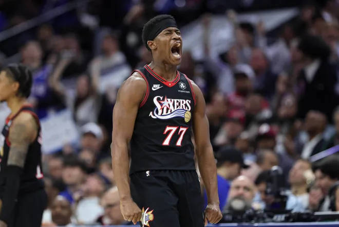 Mar 23, 2026; Philadelphia, Pennsylvania, USA; Philadelphia 76ers guard Vj Edgecombe (77) reacts after his three pointer against the Oklahoma City Thunder during the fourth quarter at Xfinity Mobile Arena. Mandatory Credit: Bill Streicher-Imagn Images