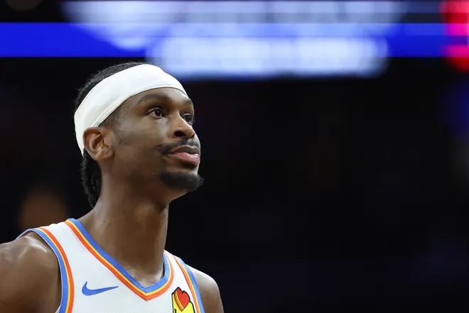 Mar 23, 2026; Philadelphia, Pennsylvania, USA; Oklahoma City Thunder guard Shai Gilgeous-Alexander (2) during the second quarter against the Philadelphia 76ers at Xfinity Mobile Arena. Mandatory Credit: Bill Streicher-Imagn Images