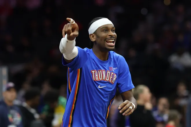 Mar 23, 2026; Philadelphia, Pennsylvania, USA; Oklahoma City Thunder guard Shai Gilgeous-Alexander before action against the Philadelphia 76ers at Xfinity Mobile Arena. Mandatory Credit: Bill Streicher-Imagn Images