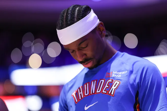 Mar 23, 2026; Philadelphia, Pennsylvania, USA; Oklahoma City Thunder guard Shai Gilgeous-Alexander during the anthem before action against the Philadelphia 76ers at Xfinity Mobile Arena. Mandatory Credit: Bill Streicher-Imagn Images