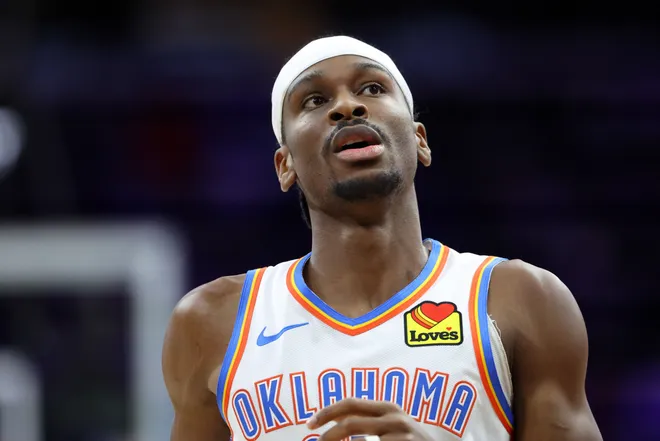 Mar 23, 2026; Philadelphia, Pennsylvania, USA; Oklahoma City Thunder guard Shai Gilgeous-Alexander (2) during the first quarter against the Philadelphia 76ers at Xfinity Mobile Arena. Mandatory Credit: Bill Streicher-Imagn Images