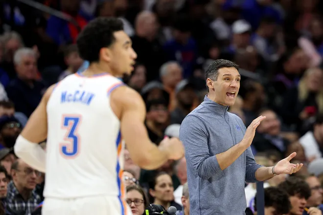 PHILADELPHIA, PENNSYLVANIA - MARCH 23: Oklahoma City Thunder head coach Mark Daigneault reacts during the second half against the Philadelphia 76ers at Xfinity Mobile Arena on March 23, 2026 in Philadelphia, Pennsylvania. NOTE TO USER: User expressly acknowledges and agrees that, by downloading and or using this photograph, User is consenting to the terms and conditions of the Getty Images License Agreement. (Photo by Emilee Chinn/Getty Images)