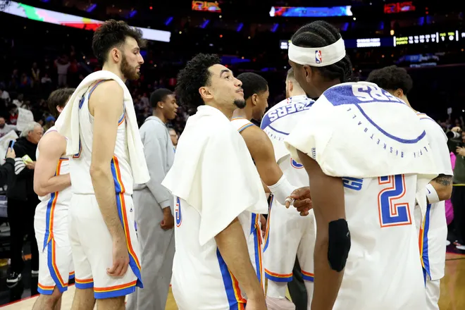 PHILADELPHIA, PENNSYLVANIA - MARCH 23: Jared McCain #3 of the Oklahoma City Thunder looks on after a game against the Philadelphia 76ers at Xfinity Mobile Arena on March 23, 2026 in Philadelphia, Pennsylvania. NOTE TO USER: User expressly acknowledges and agrees that, by downloading and or using this photograph, User is consenting to the terms and conditions of the Getty Images License Agreement. (Photo by Emilee Chinn/Getty Images)