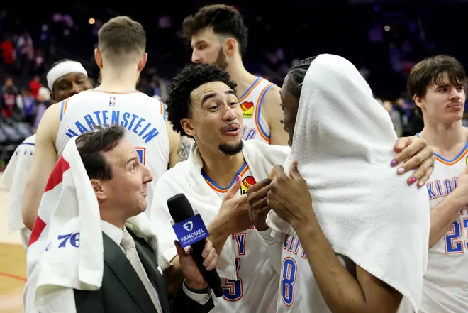 PHILADELPHIA, PENNSYLVANIA - MARCH 23: Jared McCain #3 and Jalen Williams #8 of the Oklahoma City Thunder talk to the media after a game against the Philadelphia 76ers at Xfinity Mobile Arena on March 23, 2026 in Philadelphia, Pennsylvania. NOTE TO USER: User expressly acknowledges and agrees that, by downloading and or using this photograph, User is consenting to the terms and conditions of the Getty Images License Agreement. (Photo by Emilee Chinn/Getty Images)