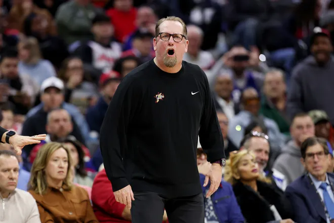 PHILADELPHIA, PENNSYLVANIA - MARCH 23: Philadelphia 76ers head coach Nick Nurse reacts during the first half against the Oklahoma City Thunder at Xfinity Mobile Arena on March 23, 2026 in Philadelphia, Pennsylvania. NOTE TO USER: User expressly acknowledges and agrees that, by downloading and or using this photograph, User is consenting to the terms and conditions of the Getty Images License Agreement. (Photo by Emilee Chinn/Getty Images)