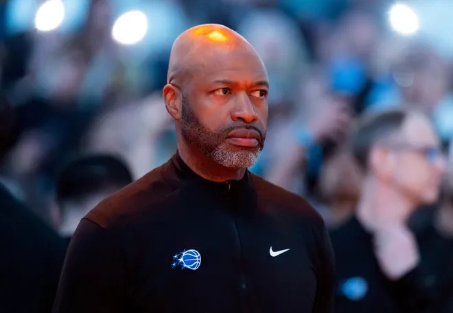 Feb 21, 2026; Phoenix, Arizona, USA; Orlando Magic head coach Jamahl Mosley against the Phoenix Suns at Mortgage Matchup Center. Mandatory Credit: Mark J. Rebilas-Imagn Images