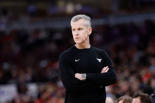 Mar 23, 2026; Chicago, Illinois, USA; Chicago Bulls head coach Billy Donovan looks on from the bench during the first half at United Center. Mandatory Credit: Kamil Krzaczynski-Imagn Images