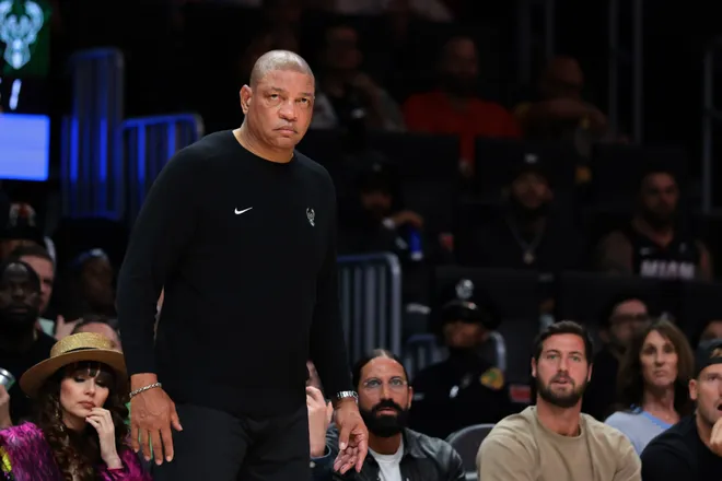 Mar 12, 2026; Miami, Florida, USA; Milwaukee Bucks head coach Doc Rivers looks on from the sideline against the Miami Heat during the second quarter at Kaseya Center. Mandatory Credit: Sam Navarro-Imagn Images