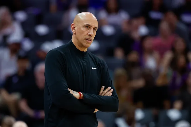 Mar 19, 2026; Sacramento, California, USA; Sacramento Kings head coach Doug Christie looks on during the third quarter against the Philadelphia 76ers at Golden 1 Center. Mandatory Credit: Sergio Estrada-Imagn Images