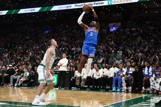 Mar 25, 2026; Boston, Massachusetts, USA; Oklahoma City Thunder guard Shai Gilgeous-Alexander (2) shoots over Boston Celtics guard Payton Pritchard (11) during the fourth quarter at TD Garden. Mandatory Credit: Winslow Townson-Imagn Images