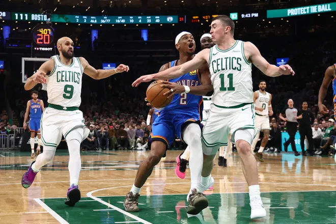 Mar 25, 2026; Boston, Massachusetts, USA; Oklahoma City Thunder guard Shai Gilgeous-Alexander (2) canÕt get past Boston Celtics guard Payton Pritchard (11) during the fourth quarter at TD Garden. Mandatory Credit: Winslow Townson-Imagn Images