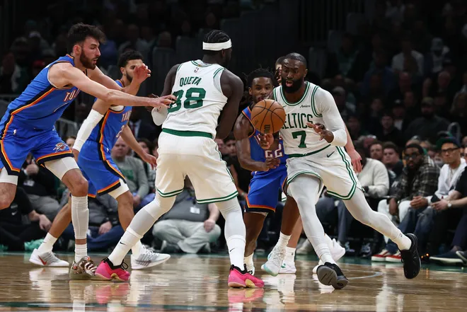 Mar 25, 2026; Boston, Massachusetts, USA; Boston Celtics guard Jaylen Brown (7) goes around a pick set by center Neemias Queta (88) during the second quarter against the Oklahoma City Thunder at TD Garden. Mandatory Credit: Winslow Townson-Imagn Images