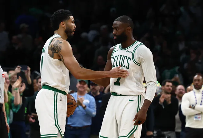 Mar 25, 2026; Boston, Massachusetts, USA; Boston Celtics guard Jaylen Brown (7) and forward Jayson Tatum (0) congratulate each other in the final seconds of the fourth quarter of their win over the Oklahoma City Thunder at TD Garden. Mandatory Credit: Winslow Townson-Imagn Images