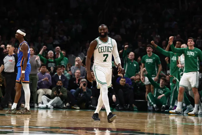 Mar 25, 2026; Boston, Massachusetts, USA; Boston Celtics guard Payton Pritchard (11) smiles after being fouled while making a shot by Oklahoma City Thunder guard Shai Gilgeous-Alexander (2) (left) during the fourth quarter at TD Garden. Mandatory Credit: Winslow Townson-Imagn Images