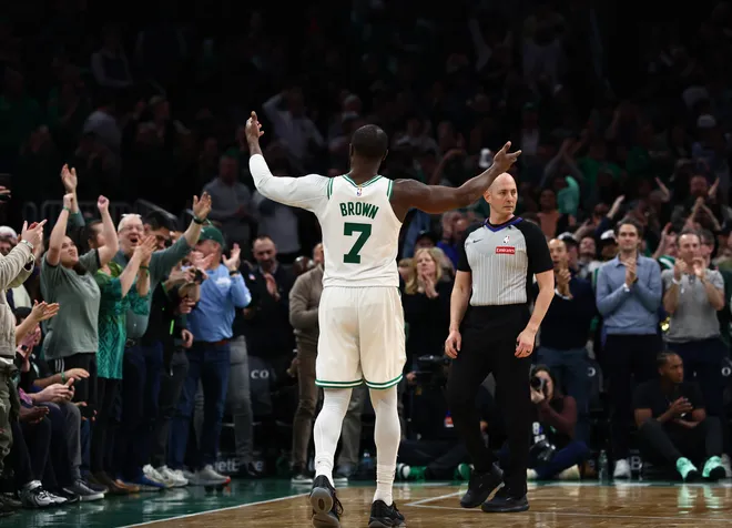 Mar 25, 2026; Boston, Massachusetts, USA; Boston Celtics guard Jaylen Brown (7) celebrates during the fourth quarter of their win over the Oklahoma City Thunder at TD Garden. Mandatory Credit: Winslow Townson-Imagn Images
