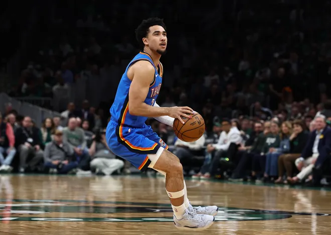 Mar 25, 2026; Boston, Massachusetts, USA; Oklahoma City Thunder guard Jared McCain (3) looks to shoot against the Boston Celtics during the second quarter at TD Garden. Mandatory Credit: Winslow Townson-Imagn Images