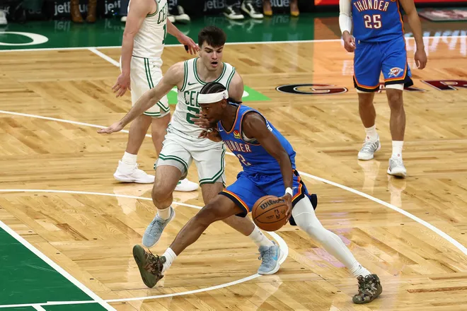 Mar 25, 2026; Boston, Massachusetts, USA; Oklahoma City Thunder guard Shai Gilgeous-Alexander (2) tries to get past Boston Celtics guard Hugo Gonzalez (28) during the first quarter at TD Garden. Mandatory Credit: Winslow Townson-Imagn Images