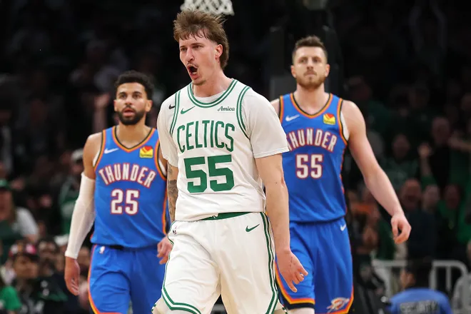 BOSTON, MASSACHUSETTS - MARCH 25: Baylor Scheierman #55 of the Boston Celtics celebrates after scoring against the Oklahoma City Thunder during the second half at TD Garden on March 25, 2026 in Boston, Massachusetts. The Celtics defeat the Thunder 119-109. NOTE TO USER: User expressly acknowledges and agrees that, by downloading and/or using this Photograph, user is consenting to the terms and conditions of the Getty Images License Agreement. (Photo by Maddie Meyer/Getty Images)