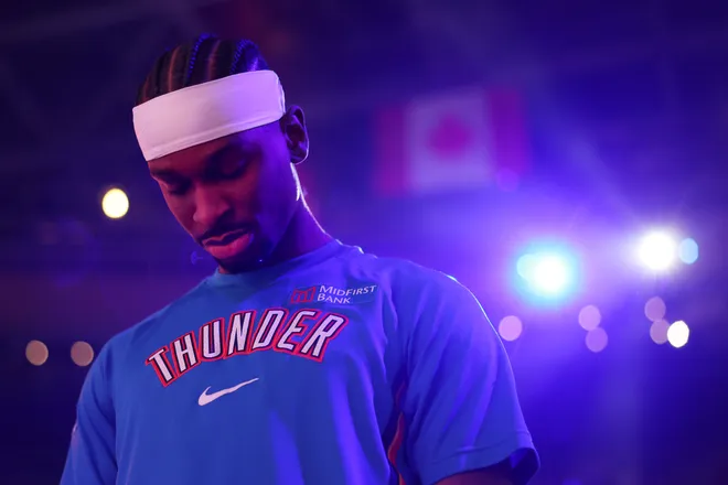 BOSTON, MASSACHUSETTS - MARCH 25: Shai Gilgeous-Alexander #2 of the Oklahoma City Thunder looks on during the singing of the national anthem at TD Garden before the game against the Boston Celtics on March 25, 2026 in Boston, Massachusetts. NOTE TO USER: User expressly acknowledges and agrees that, by downloading and/or using this Photograph, user is consenting to the terms and conditions of the Getty Images License Agreement. (Photo by Maddie Meyer/Getty Images)